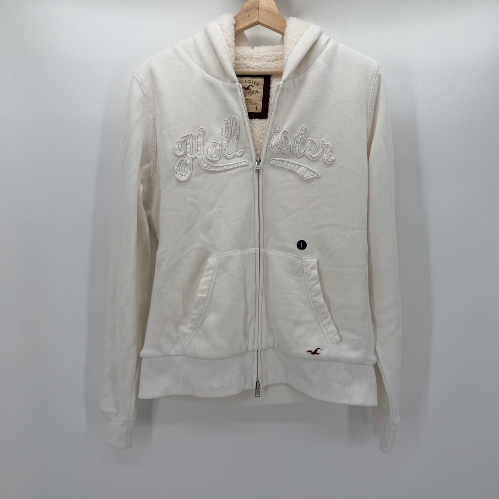 Hollister White Sherpa Lined Full Zip Hoodie Limited Edition Logo Mens Large